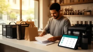 Delivery próprio vale a pena: dono de restaurante organizando pedidos de delivery no balcão