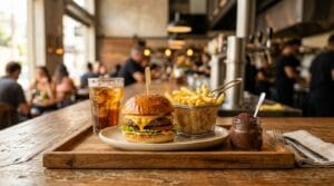 Combo de hambúrguer, batata e sobremesa em restaurante para aumentar o ticket médio