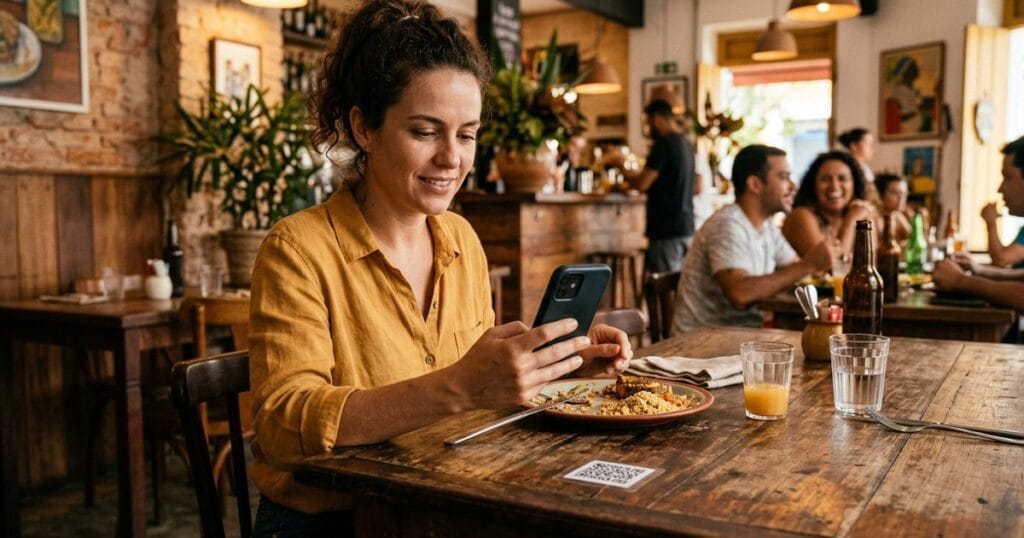 Cliente escaneando cardápio digital com QR Code na mesa de um restaurante brasileiro