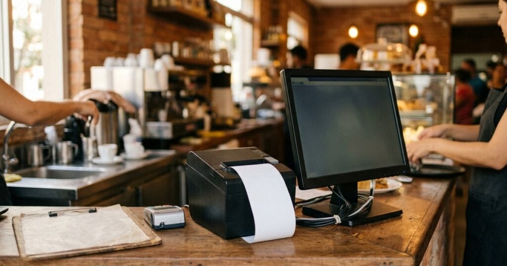 Cozinha de restaurante brasileiro com PDV e impressora térmica emitindo NFC-e para restaurante no fechamento do pedido