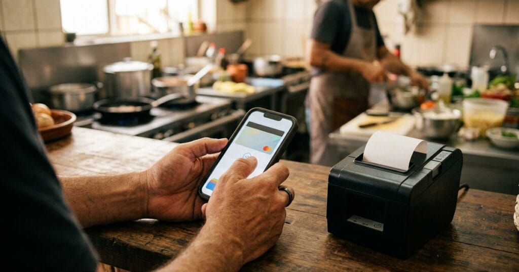 Cliente pagando pedido de delivery com pagamento online no celular via Pix e cartão em restaurante brasileiro