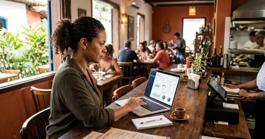 Gestor de restaurante avalia como escolher um sistema para restaurante em notebook sobre o balcão do salão